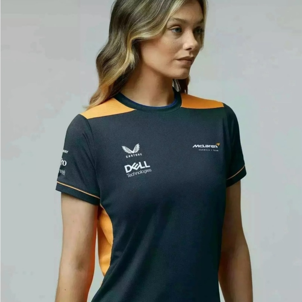 McLaren Women's Black and Orange Short Sleeve Tee